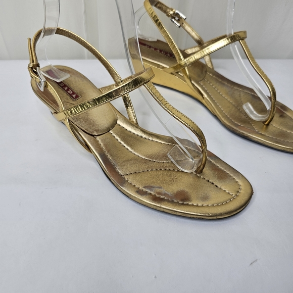 Prada Gold Leather T-Strap Wedge Sandals Size 38 - Picture 2 of 11